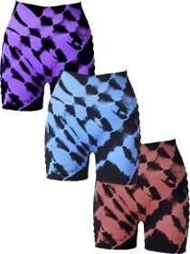 3 Pack Women's Side Cut-Out Tie-Dye Seamless Hip Lift High Waist Sports Fitness Yoga Shorts (Color: 3PACK4, size: L)