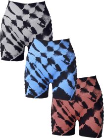 3 Pack Women's Side Cut-Out Tie-Dye Seamless Hip Lift High Waist Sports Fitness Yoga Shorts (Color: 3PACK1, size: M)