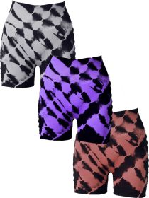 3 Pack Women's Side Cut-Out Tie-Dye Seamless Hip Lift High Waist Sports Fitness Yoga Shorts (Color: 3PACK3, size: M)
