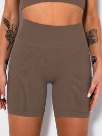 Yoga Shorts Ribbed Seamless Workout High Waist Athletic Leggings Suitable For Yoga Fitness (Color: Coffee, size: L)