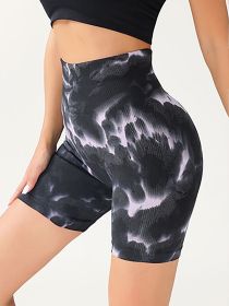 High Waist Tummy Control Yoga Shorts For Women, Tie-Dye Ruched Booty Lifting Workout Fitness Shorts, Hip Lifting Sports Activewear (Color: Red, size: S)