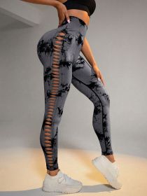 Cut Out Side Hollow Tie Dyed Yoga Pants, High Waist And Hip Lifting Fitness Pants With Side Hollow Seamless Sports Tights (Color: Dark gray, size: L)