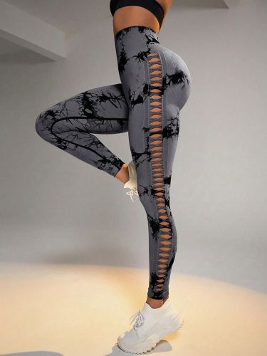 Cut Out Side Hollow Tie Dyed Yoga Pants, High Waist And Hip Lifting Fitness Pants With Side Hollow Seamless Sports Tights