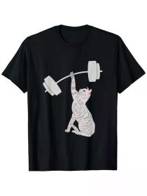 Cat Deadlifting Funny Fitness Gym Lover Cat BarBell T-Shirt, 100% Cotton, Single Side Printed, Black Short Sleeve T-shirt (Color: Black, size: M)