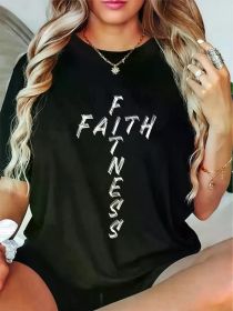 Women's Faith Fitness Graphic T-Shirt - Soft, Short Sleeve, Crew Neck, Casual Christian (Color: Black, size: M)