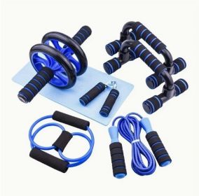 1 Set PP Material Home Gym Core & Strength Training Kit: AB Roller, Knee Mat, Push-Up Bars, Skipping Ropes, Resistance Bands, Hand Grippers (Color: Blue)