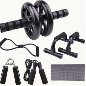 1 Set PP Material Home Gym Core & Strength Training Kit: AB Roller, Knee Mat, Push-Up Bars, Skipping Ropes, Resistance Bands, Hand Grippers (Color: Black)