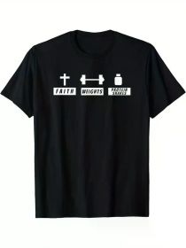 Faith, Weights & Protein Powder" Humorous Christian Fitness T-Shirt for Men - 100% Cotton, Comfortable Short Sleeve (Color: Black, size: L)