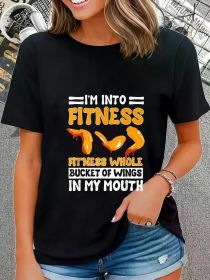 Funny Chicken Wings Graphic T-Shirt - 'I'm Into Fitness Whole Bucket of Wings in My Mouth' (Color: Black, size: L)