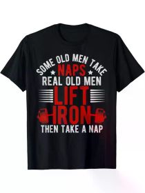 Humorous "Old Men Lift Iron" Cotton T-Shirt - Black, Weightlifting & Fitness Theme, Round Neck (Color: Black, size: M)